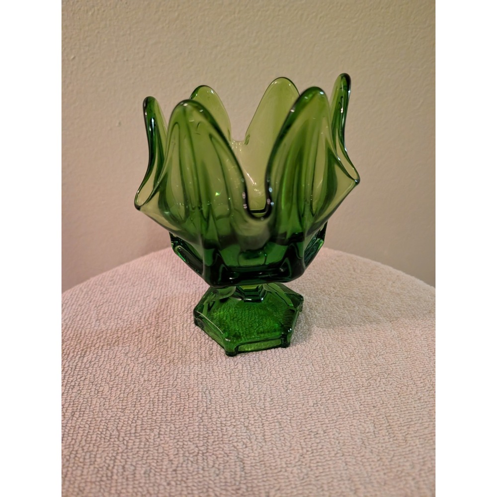 Vintage Viking Green Swung Glass Vase MCM Art Glass Pedestal Finger Vase